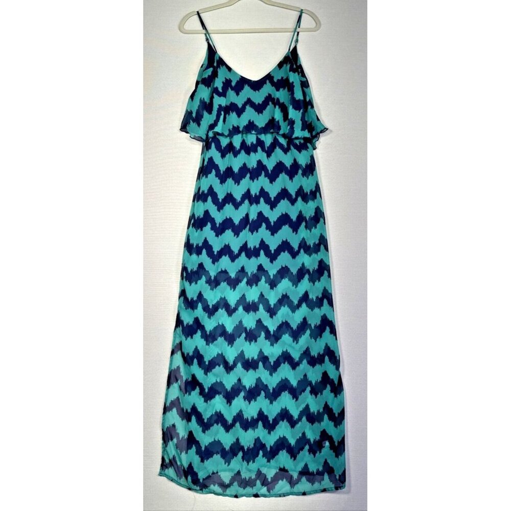 Ultra Flirt Womens Sheet Maxi Dress Size Medium Teal Navy Chevron